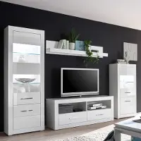 Lomadox Wohnwand in weiß Hochglanz mit 2 Vitrinen inkl. LED BALVE-61 BxHxT: 300x198x45cm