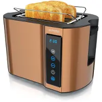 Arendo Kurzschlitz-Toaster 800 W für 2 Scheiben, Toastautomat mit Touchpanel, Display mit Restzeitanzeige, 7 Bräunungsgrade, Memory-Funktion, Brötchenaufsatz, kupfer