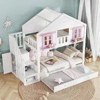 Sonstiges Kinderbett 90x200 cm Etagenbett 3 Kinder Stauraumtreppe Ausziehbett Hausbett Weiß Rosa