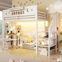 ALFORIGO Hochbett 90x200 cm mit Schreibtisch, USB-Anschluss und LED-Lichtleiste, Lochwand, Regalen und Sicherheitsgeländer, Metall + MDF, Weiß
