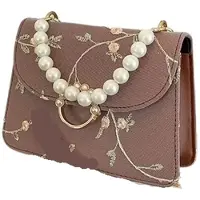 Merkloos Damenhandtasche mit Blumenstickerei und Perlenkette