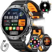Lige Smartwatch Herren mit 1000mAh HD Große Display Militär Smartwatch mit Taschenlampe Bluetooth Anrufe 120+ Sportmodi 5ATM Wasserdicht Herzfrequenz Orange