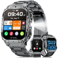 Lige Smartwatch Herren Militär-2 HD Große Display 1000mAh LED-Licht 3 Armbändern Taschenlampe 120+ Sportmodi mit Herzfrequenz Schwarz