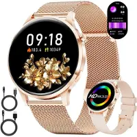 Lige Smartwatch Damen Rund mit Telefonfunktion Dünn AMOLED Elegant Frauen für Android iOS Sportuhr mit Herzfrequenz Schlafmonitor Rosa Edelstahl