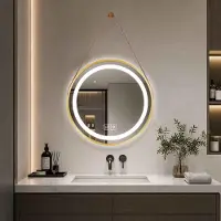 Aiorber LED Badspiegel Rund mit Beleuchtung Anti-Beschlag Wandspiegel Touch Dimmbar Deko Spiegel mit Riemen 70cm Gold