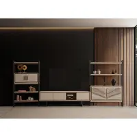 AEA Beiges Wohnzimmer TV-Lowboard Designer Holz Bücherregale -3tlg.