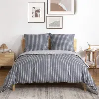 Markenlos Bettwäsche aus Baumwolle, 200 x 200 cm, 3-teiliges Wendebettwäsche-Set mit grauen Streifen, weiche, flauschige Deckenbezug mit Reißverschluss und 2 Kissenbezüge