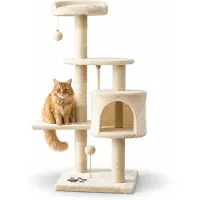 Belviona Katzenkratzbaum, kompakter 112 cm Kratzbaum mit Spielbällen, Sisal & Kuschelhöhle, beige/weiß