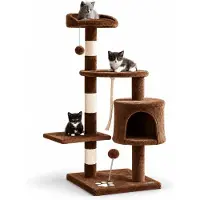 Belviona Katzenkratzbaum, kompakter 112 cm Kratzbaum mit Spielbällen, Sisal & Kuschelhöhle, braun