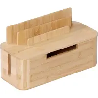 Relaxdays Kabelbox für 2 Steckdosenleisten, Bambus, HBT: 16 x 30 x 13 cm, Tablet- & Handyhalter, Kabel verstecken, natur