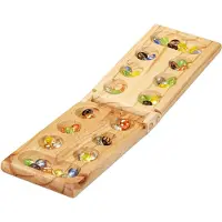 Relaxdays Kalaha Spiel, klappbar, aus Holz, 48 Steine, für 2 Personen, Kinder & Erwachsene, Mancala Brettspiel, natur