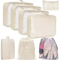 Unyqoos 9‑teiliges Koffer‑Organizer Kompressions-Set – leichte Packwürfel, inkl. Schuh‑ & Unterwäschebeutel, wasserabweisend Polyester, beige