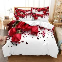 Trankielo - Bettbezug-Set 3D - Rote Rosen - 3-teilig mit Kopfkissenbezügen - 135x200 cm