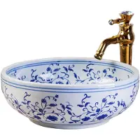 Dripio Keramik-Waschtisch, blau-weiß, handbemalt, Ø 41 cm