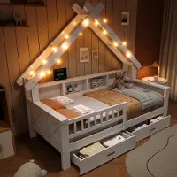 ALFORIGO Hausbett 90 x 200 cm mit LED-Beleuchtung, Ablagefächern, 2 Schubladen und Schutzgitter, Plattformbett, Kinderbett, Himmeldach, Weiß, Kiefernholz und MDF