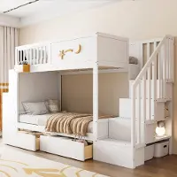ALFORIGO Etagenbett 90 x 200 cm mit Sicherheitstreppe, Schreibtisch, 2 Schubladen und Stauraum, Sternenmotiv, Kiefer/Sperrholz/MDF, Weiß