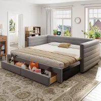 ALFORIGO Polsterbett 90 x 190 cm, 3-in-1 Schlafsofa ausziehbar auf 180 x 190 cm, mit 2 Schubladen und Lattenrost, Baumwolle-Leinen-Bezug