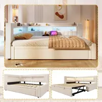 ALFORIGO Daybett 90 x 200 cm auf 180 x 200 cm ausziehbar, Polsterbett mit Ziehbett, LED-Beleuchtung, USB & Typ-C Ladefunktion, Leinen, Beige