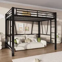ALFORIGO Hochbett 140 x 200 cm, Metallbett mit Doppelleiter und Schutzgeländer, offener Raum unter dem Bett, bis 150 kg, Schwarz
