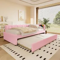 ALFORIGO Tagesbett 90x200 cm, MDF, mit Ausziehbett, Sofabett mit USB- und USB-C-Ladeanschlüssen als Bettsofa mit integrierter Lattenauflage in Rosa
