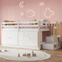 ALFORIGO Hochbett 90 x 200 mit Stauraumtreppe – Kinderbett mit zwei Aufbewahrungsschränken, Schubladen und Kleiderstange; Stauraumbett in der Farbe Weiß