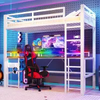 ALFORIGO Hochbett 90 x 200 cm mit Schreibtisch, LED-Lichtleiste, USB, Typ-C, 2 Steckdosen und Lochwand, Metall & MDF, Weiß