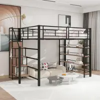 ALFORIGO Hochbett 140x200 cm mit Stauraumtreppe, Schubladen, kleinem Kleiderschrank und Regalen, hohe Umzäunung, MDF und Metall, Schwarz