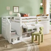 ALFORIGO Kinderbett 90 x 200 aus Holz mit Klappschreibtisch – Holzbett mit wechselbaren Treppen und Aufbewahrungsschränken; Bettgestell in der Farbe Weiß