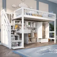 ALFORIGO Kinderbett 90 x 200 aus Massivholz/MDF mit Schreibtisch – Bettgestell mit Kleiderschrank, Schubladen und Stauraumtreppe, Stauraumbett in Weiß