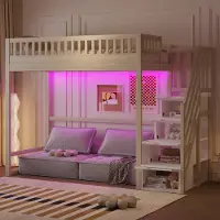 ALFORIGO Hochbett 90x200, Kiefer-Massivholz mit LED, Stauraum, Kinderbett mit zu öffnenden Stufen, Jugendbett mit seitlichem Aufstieg, holzfarben