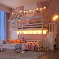 ALFORIGO Etagenbett 90x200 + 140x200 cm mit LED, Hausdesign, Fenstern, Stauraumtreppe und offenen Fächern, Kiefer/MDF, Weiß-Natur