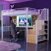ALFORIGO Hochbett 90 x 200 cm mit Schreibtisch, Stauraumtreppe links/rechts montierbar, LED-Beleuchtung, EU-Steckdose und hohem Schutzgitter
