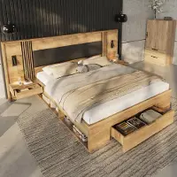 ALFORIGO Doppelbett 180 x 200 cm mit Holzrahmen/PU-Kopfteil und Leselampen – Stauraumbett mit Schublade und offenen Seitenfächern, Bettgestell in Natur