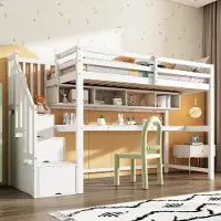 ALFORIGO Kinderhochbett 90x200 cm mit Stauraumtreppe, großem Schreibtisch und Regalen, Massivholz + MDF, Kinderbett in Weiß