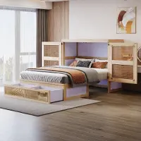 ALFORIGO Schrankbett 140x200 cm, Holz, vertikal klappbar mit Stauraum, Wandbett mit Rattan-Elementen, Wandklappbett mit 60 cm Klappbreite, holzfarben
