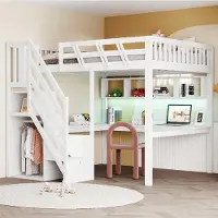 ALFORIGO Hochbett 140x200 cm mit Schreibtisch, Aufbewahrungstreppe, LED-Licht und USB-Steckdose, Regalen und Schutzgeländer, Weiß