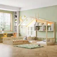 ALFORIGO Bettgestell, Massivholz mit LED, Kinderbett mit Hausrahmen und Fensterelementen, Jugendbett mit Schornsteinelement und Geländer, holzfarben