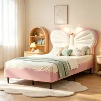 INONEFT Kinderbett Polsterbett 90x200cm mit Leselampe, Einzelbett mit verstellbarem Kopfteil und Lattenrost, Jugendbett für Jungen & Mädchen,Samt,Rosa
