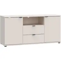 Forte GANYMEDE TV-Schrank 130, minimalistisches Lowboard, 2-türig, 2 Schubladen, offenes Fach, Holzwerkstoff, Wohnzimmer, Kaschmir Beige, 129,8 cm breit x 63,1 cm hoch x 41,3 cm tief