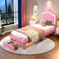 INONEFT Kinderbett 90x200 Prinzessin Bett mit Stauraum und LED, Mädchen Einzelbetten mit verstellbares Kopfteil & Lattenrost,Rosa PU, ohne Matratze