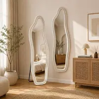INONEFT Ganzkörperspiegel 160×50 cm, Unregelmäßig Standspiegel, Hängend oder Lehnend an die Wand, Samt Rahmen, für Schlafraum Flur, Weiß