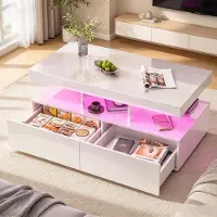 INONEFT Couchtisch mit LED Beleuchtung, Wohnzimmertisch mit 2 Schubladen, Hochglanz Sofatisch mit offener Stauraum für Wohnzimmer, Weiß