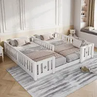 INONEFT Bodenbett 180x200 cm für 2 Kinder, Kinderbett aus Massivholz mit Rausfallschutz und Lattenrost, Sternmotiv Montessori bed, ohne Matratze, Weiß