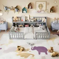 INONEFT Kinderbett Bodenbett 90x200, Montessori Bett mit Rausfallschutz & Lattenrost,Einzelbetten Holzbett Spielbett,Grau,ohne Matratze