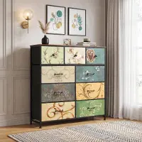 INONEFT Kommode mit 9 Schubladen aus Stoff, 100x30x100cm Kommodenschrank für Schlafzimmer, Sideboard, Metallrahmen Holzoberfläche,Vintage-Blumenmotiv