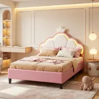 INONEFT Kinderbett 90x200 mit LED, krone-Form Prinzessinnenbett, Polsterbett mit verstellbares Kopfteil, Jugendbett, Samt, Rosa