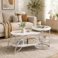 INONEFT Couchtisch 2er Set, Wohnzimmertisch Rund mit Offener Stauraum, Sofatisch für Wohnzimmer Schlafzimmer, Beistelltisch, Silberfarben