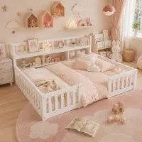 INONEFT Kinderbett Bodenbett 90x200,Montessori Bett mit Rausfallschutz & Lattenrost,Hausbett Gitterbett Holzbett Spielbett,ohne Matratze,Weiß