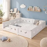 INONEFT Bodenbett 140 x 200 cm, Holzbett mit Rausfallschutz & Lattenrost, Kinderbett mit Stern-Mond Ausschnitt Umzäunung, Junge Mädchen
