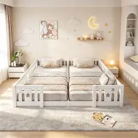 INONEFT Bodenbett Kinderbett 180x200,Montessori Bett mit Zaun und Tür,Holzbett Doppelbett mit Lattenrost,Jugendbett Massivholz Babybett,Weiß